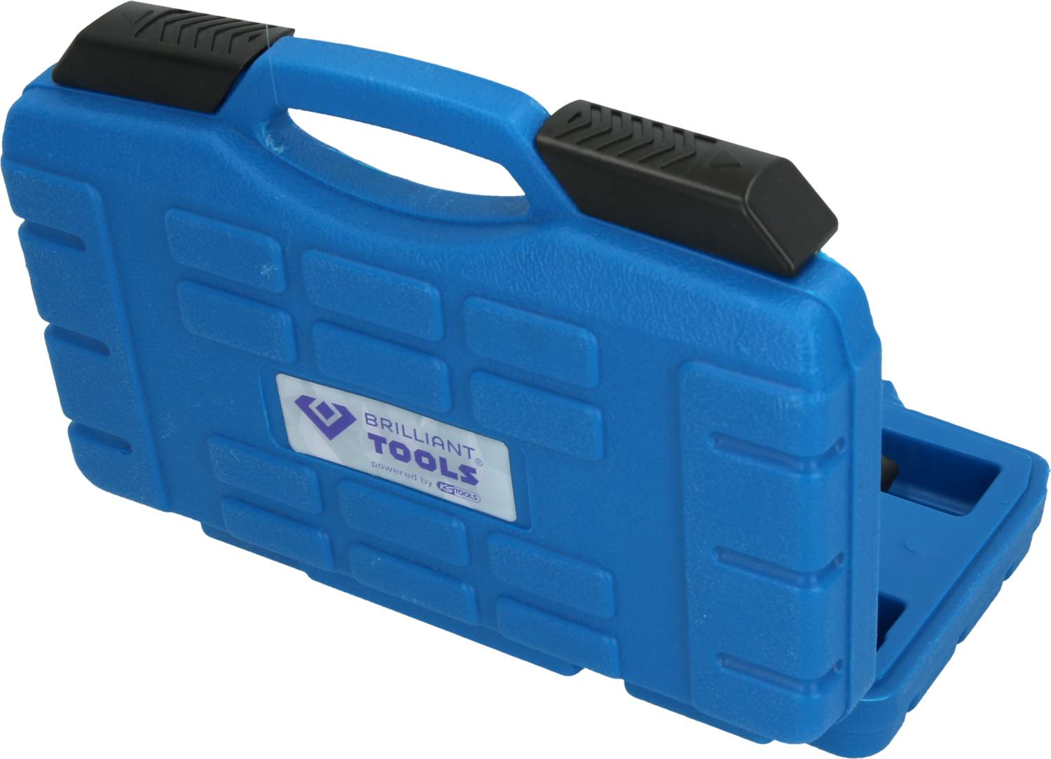Blue toolbox with carry handle, labelled 'Brilliant Tools'.