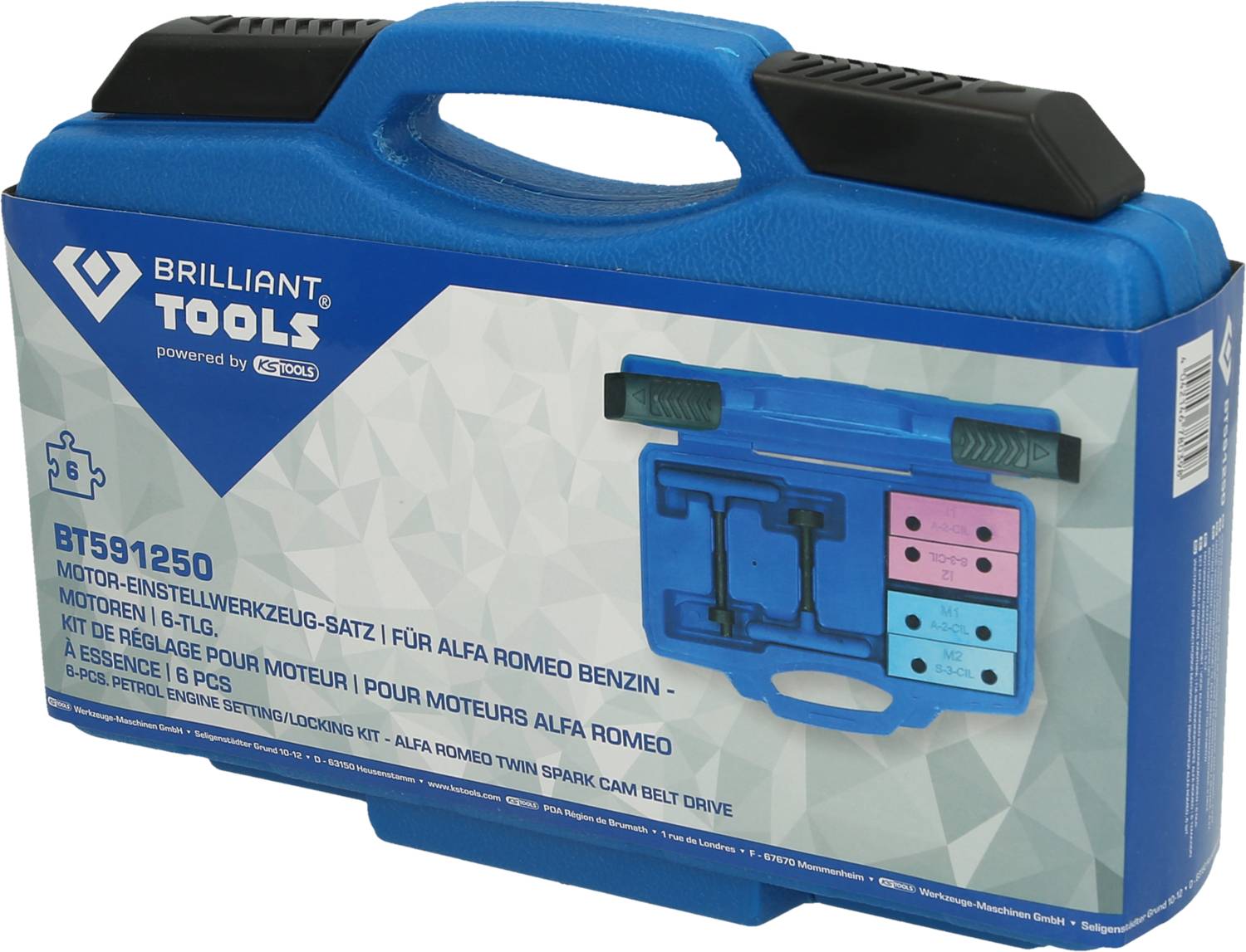 Blue tool case with the inscription 'Engine Setting Tool Set for Alfa Romeo Petrol'. Contains illustrated tools.