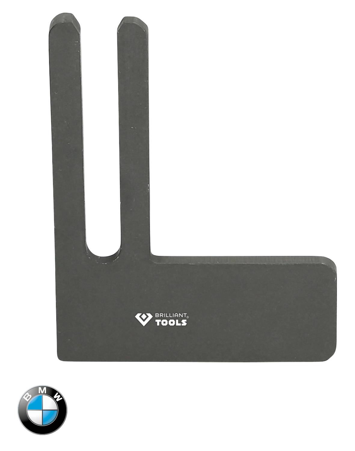 Metal part with a U-hook, with the 'Brilliant Tools' logo underneath. BMW logo on the bottom left. Tool for use with BMW cars.