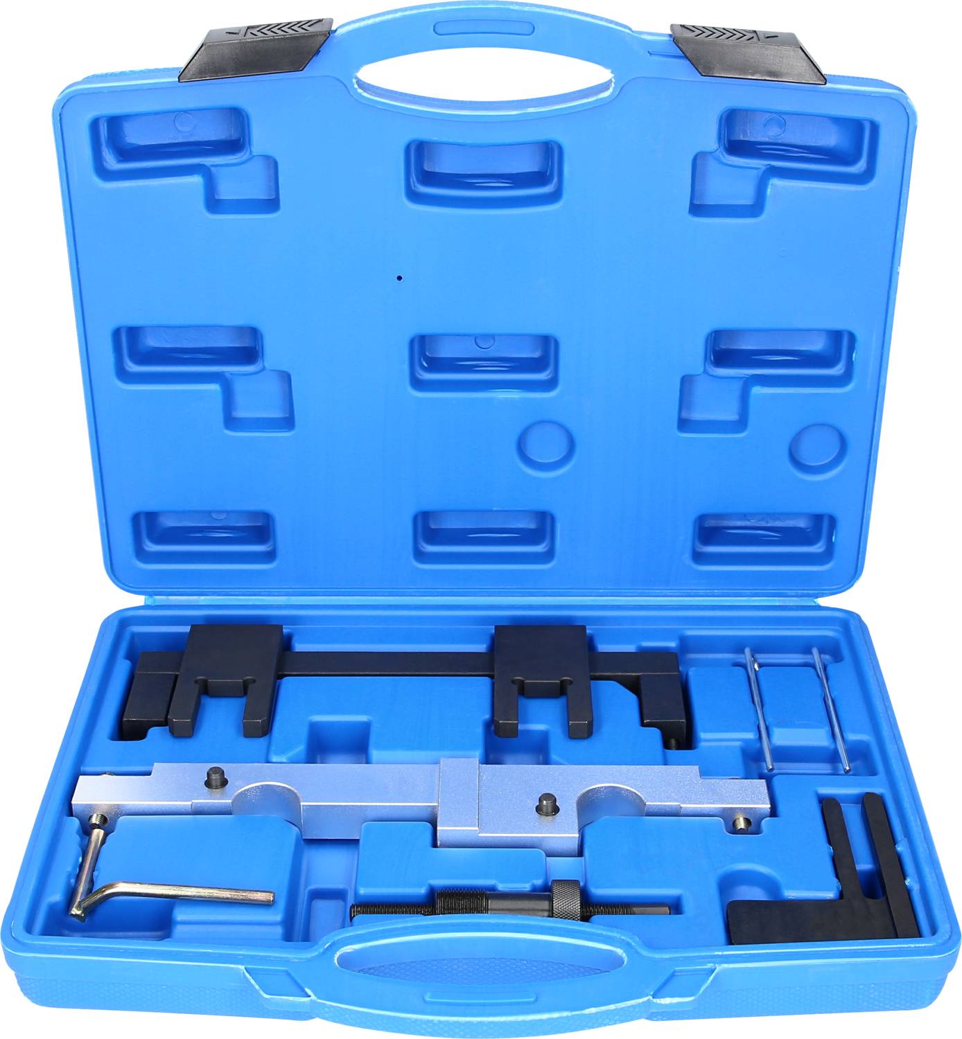 A blue plastic case containing a tool set for engine management. Tool components are neatly arranged in moulded compartments.