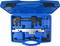 A blue tool case, open, displays various metal tools for timing measurement in precisely fitted compartments.