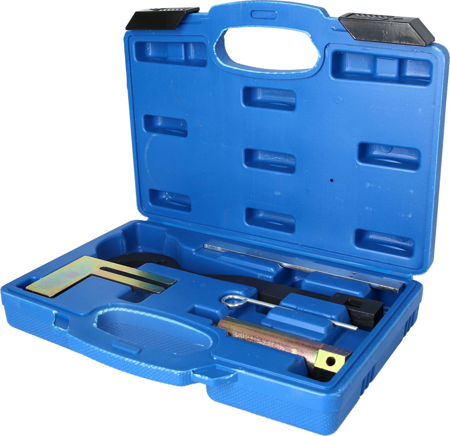A blue toolbox with various metal tools neatly arranged in moulded inserts.