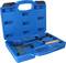 Blue plastic toolbox with special automotive tools inside, used for vehicle repair or maintenance.