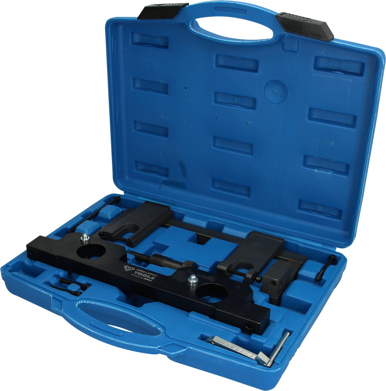 A blue tool case containing a black engine timing tool set used for adjusting engine timing settings.