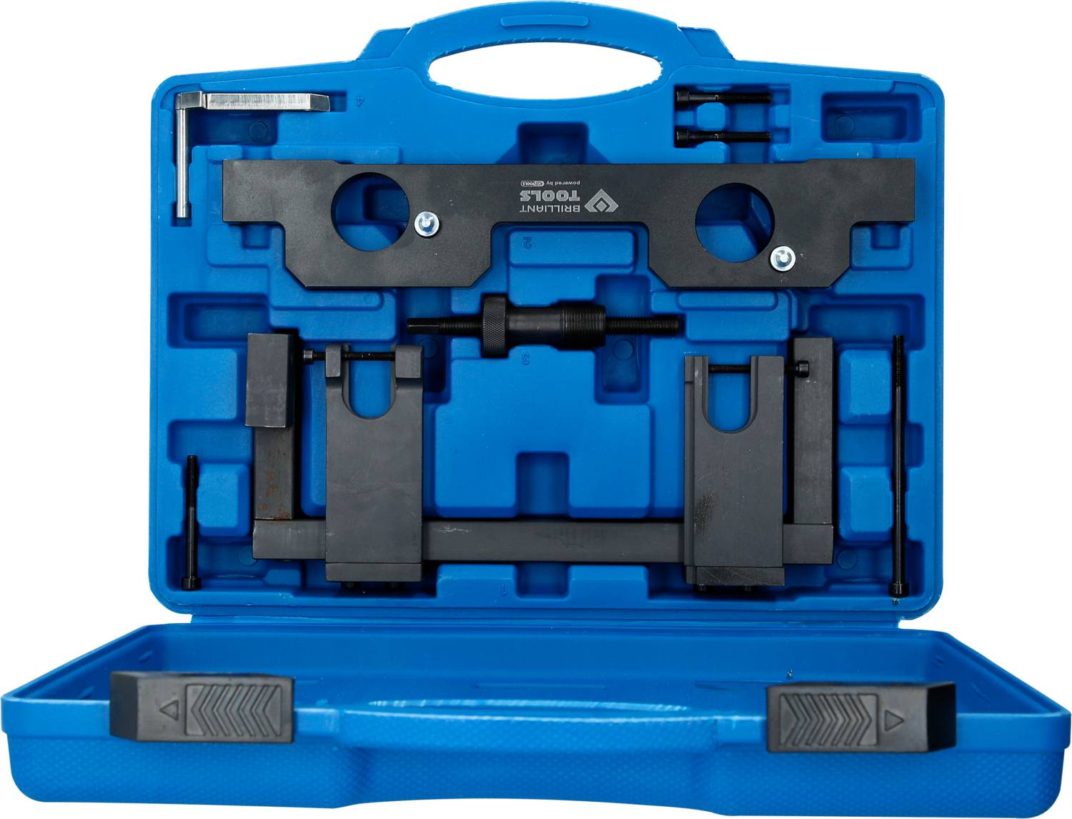 Blue tool case with specially black-lacquered tools for engine management calibration; aimed at precise assembly.