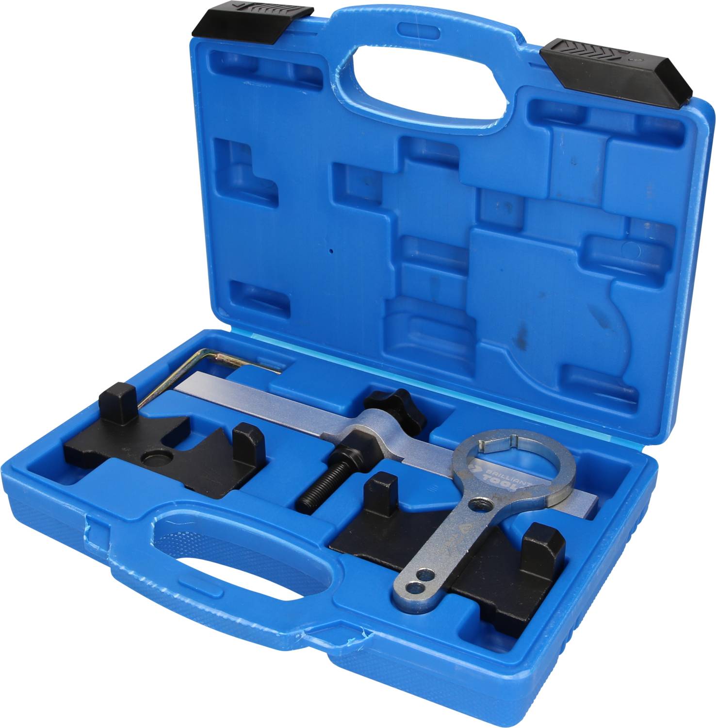 A blue toolbox containing various metal tools, including spanners and holders, for car repair.