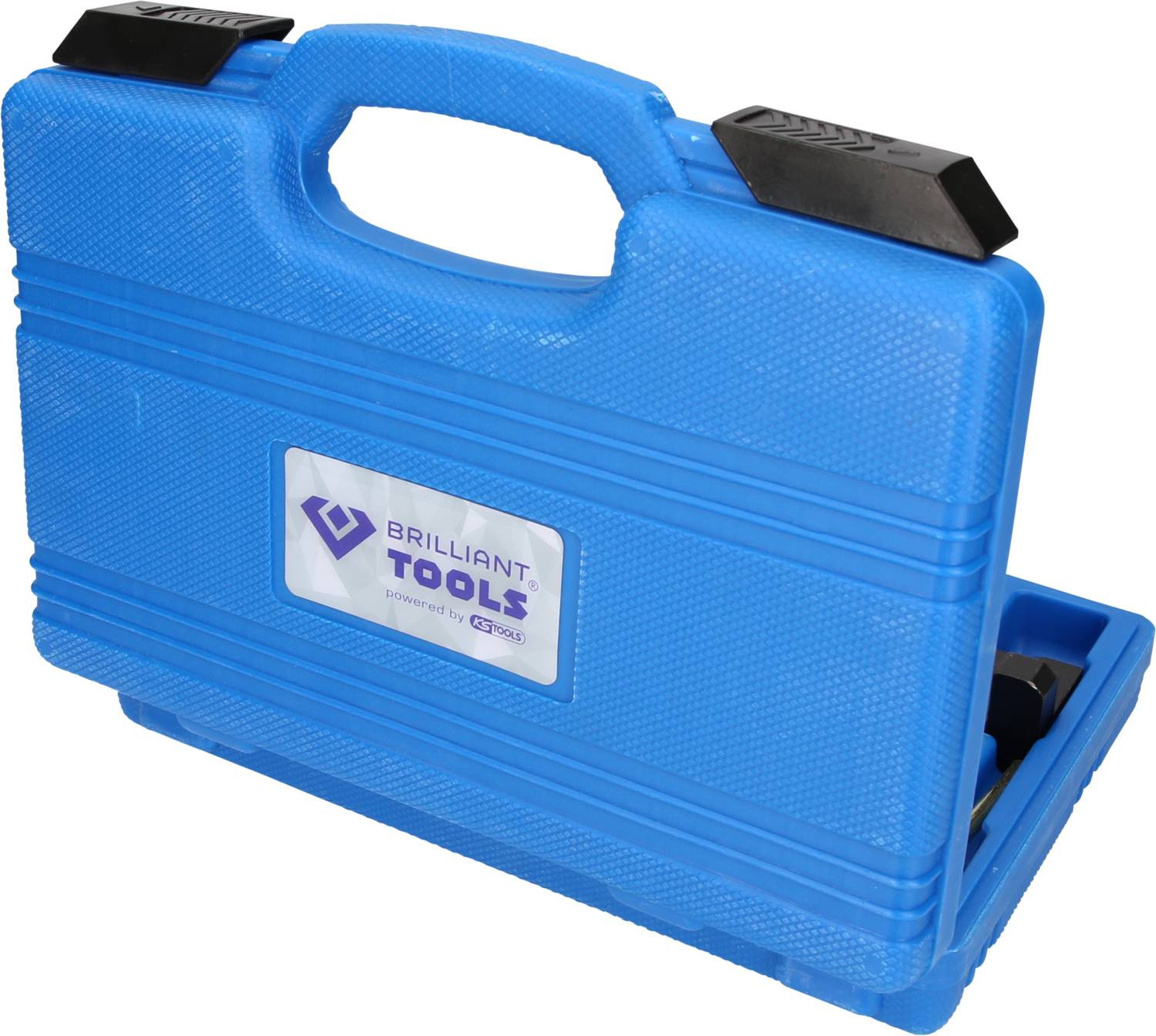 Blue plastic tool case with carrying handle, marked with 'Brilliant Tools Logo'.