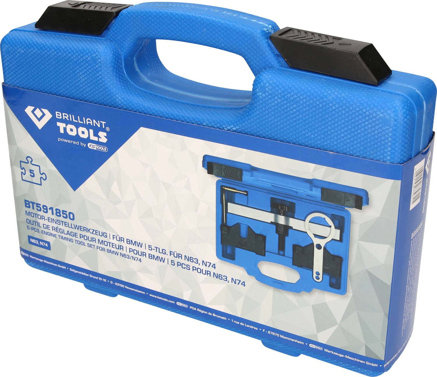 Blue tool case for motor adjustment tool BT591850. Contains 5 parts, specifically for BMW engines of types N63, N74.