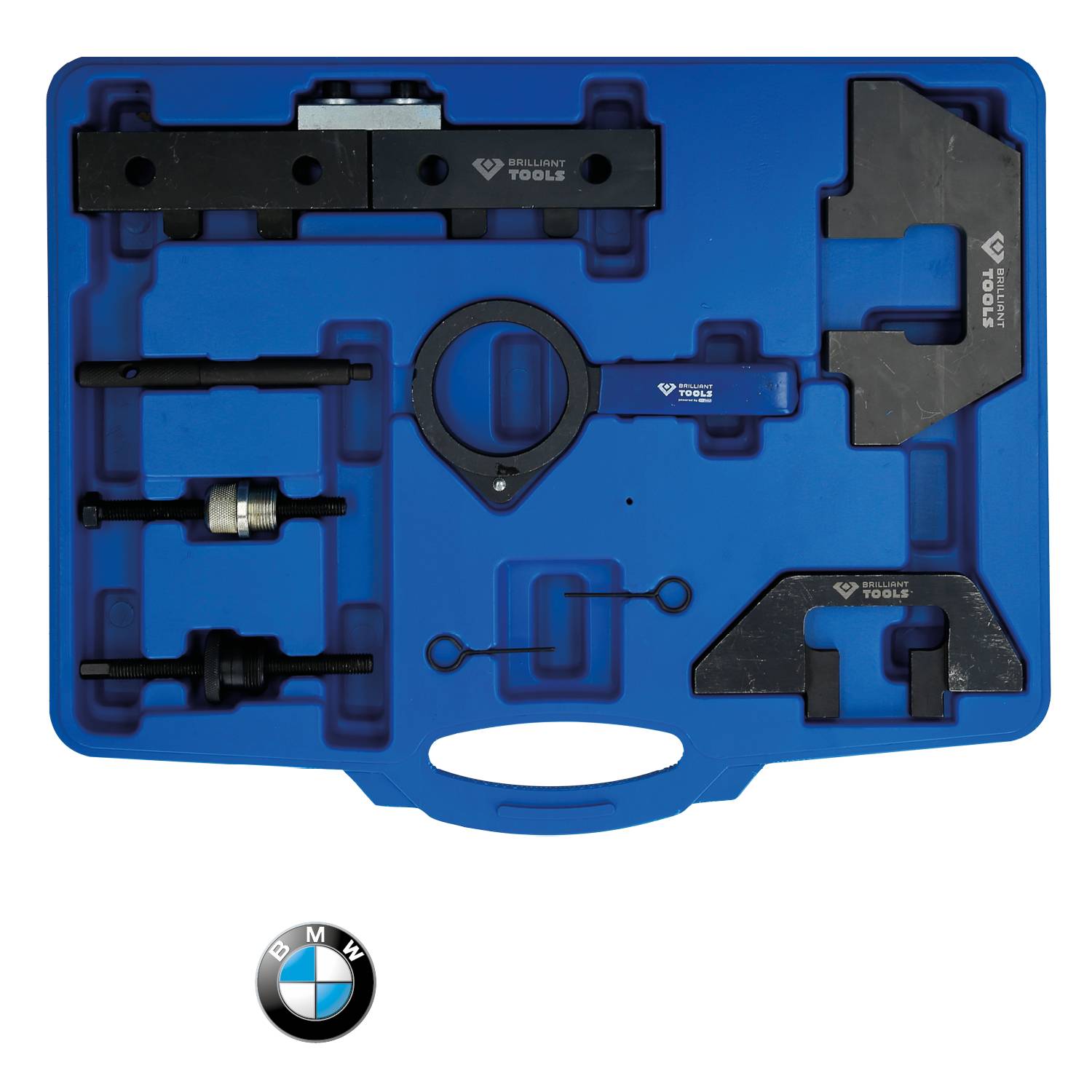 A tool kit for BMW vehicles with various specially shaped metal parts and a blue plastic case. With BMW logo underneath.