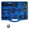 A tool kit for BMW vehicles with various specially shaped metal parts and a blue plastic case. With BMW logo underneath.