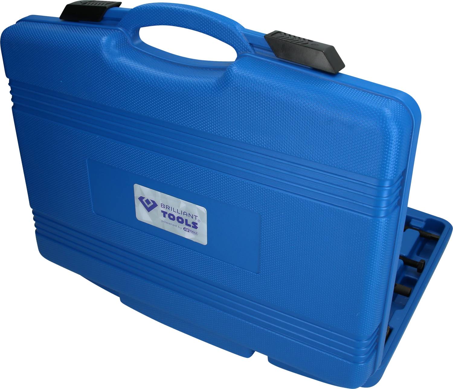 Blue tool case with carry handle, suitable for securely storing tools.