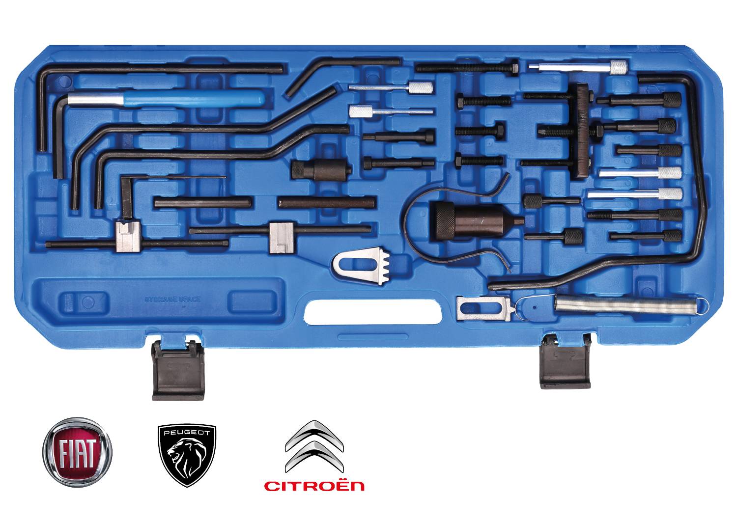 Blue tool set for Citroën, Peugeot and Fiat, with various spanners and specialised tools in a carry case. Brand logos displayed below.