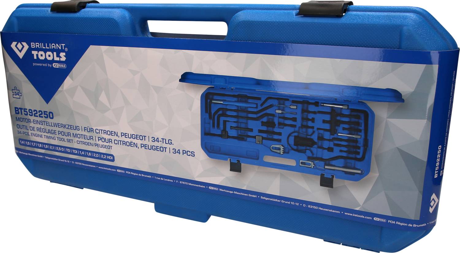 Blue tool case with inscription 'Brilliant Tools'. Contains 34-piece dismantling tool set for Citroën and Peugeot.