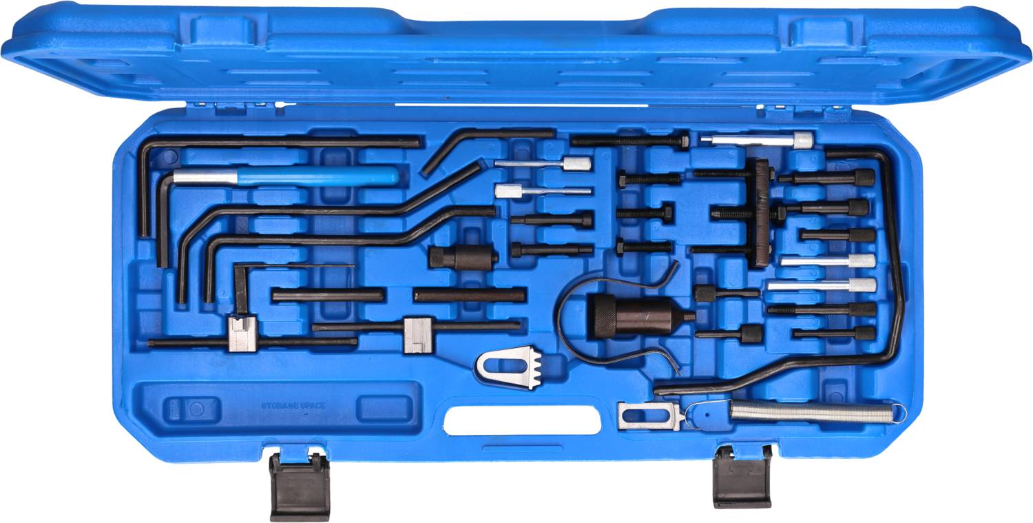A blue toolbox with various specialised keys and tools, neatly arranged in compartments.