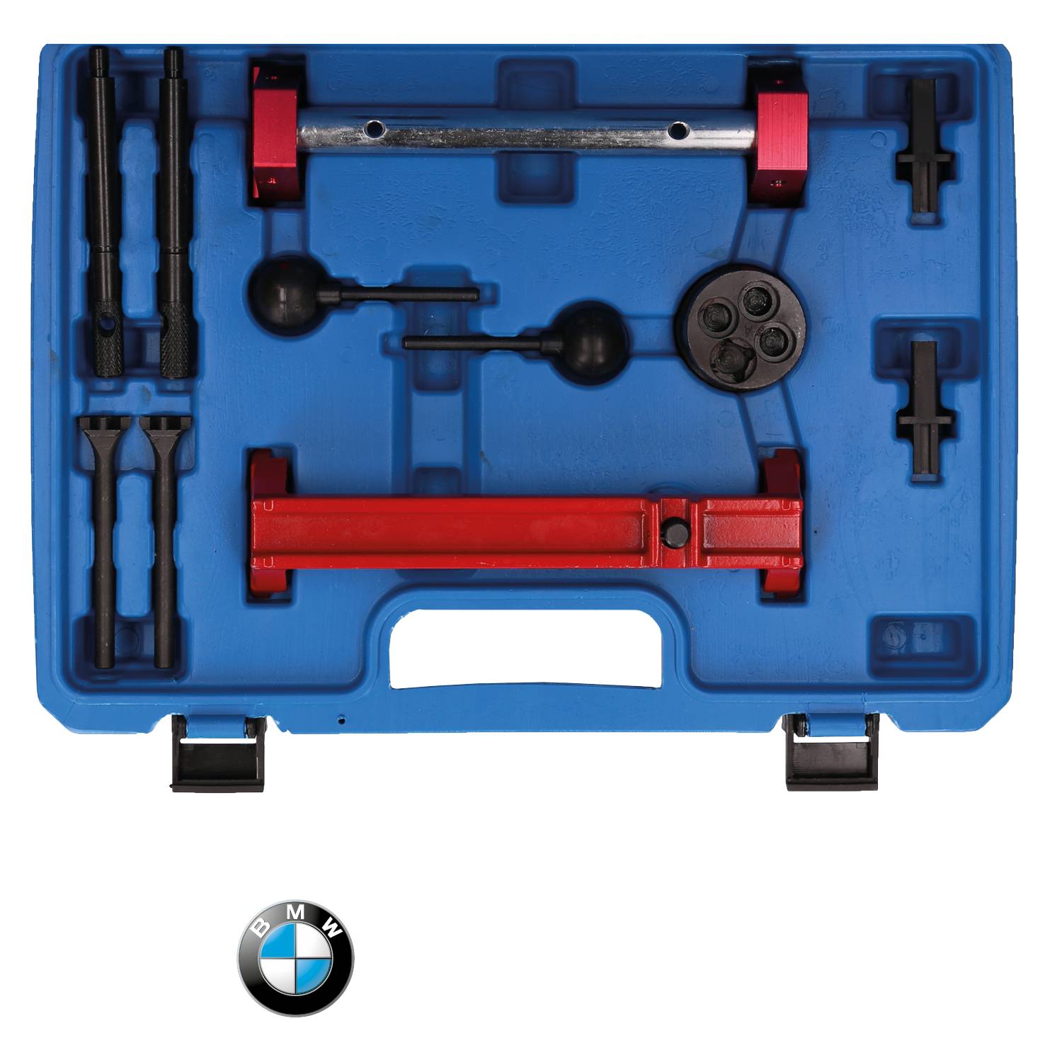 A blue tool case set with various attachments and parts, including red handles. A BMW logo is displayed underneath.