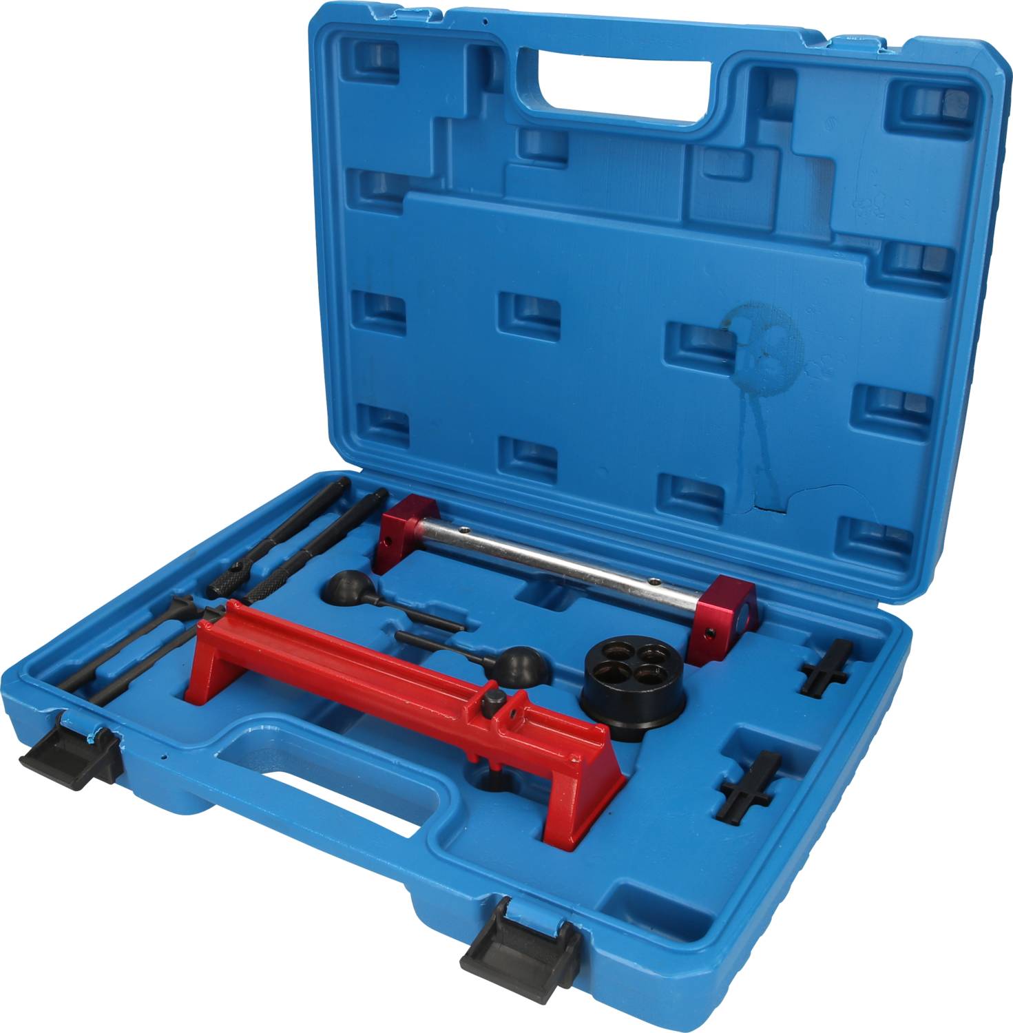 A blue toolbox with red-coloured metal tools and accessories is open. Contains bars and rounds for axle measurement.