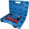 A blue toolbox with red-coloured metal tools and accessories is open. Contains bars and rounds for axle measurement.