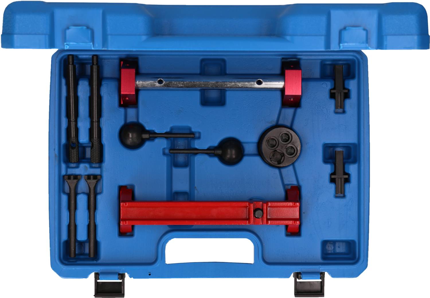 Blue toolbox with various automotive tools, including red bars and black rods, for repair or maintenance.