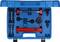 Blue toolbox with various automotive tools, including red bars and black rods, for repair or maintenance.