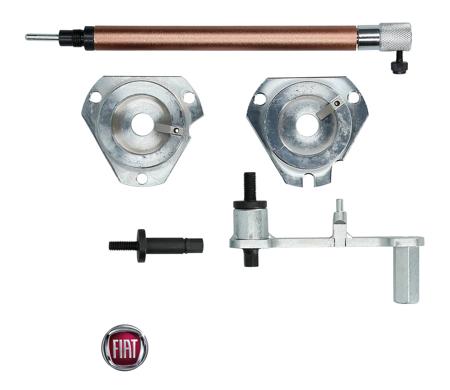 Fiat engine adjustment tool set with various metal components, including adapters and levers, for precise engine calibration.