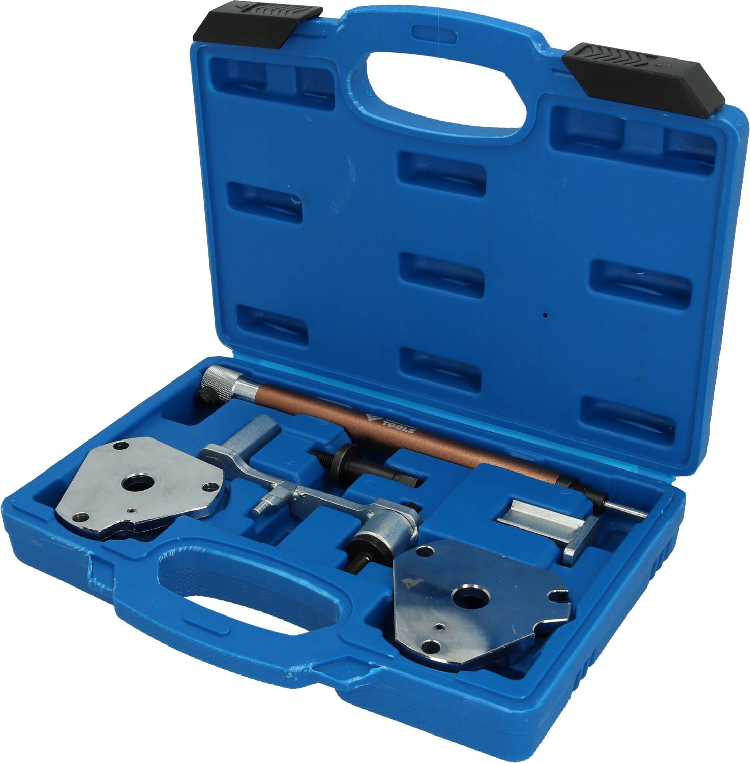 Blue plastic case with metal tools inside, including two large, irregularly shaped metal plates and a lever.