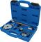Blue plastic case with metal tools inside, including two large, irregularly shaped metal plates and a lever.