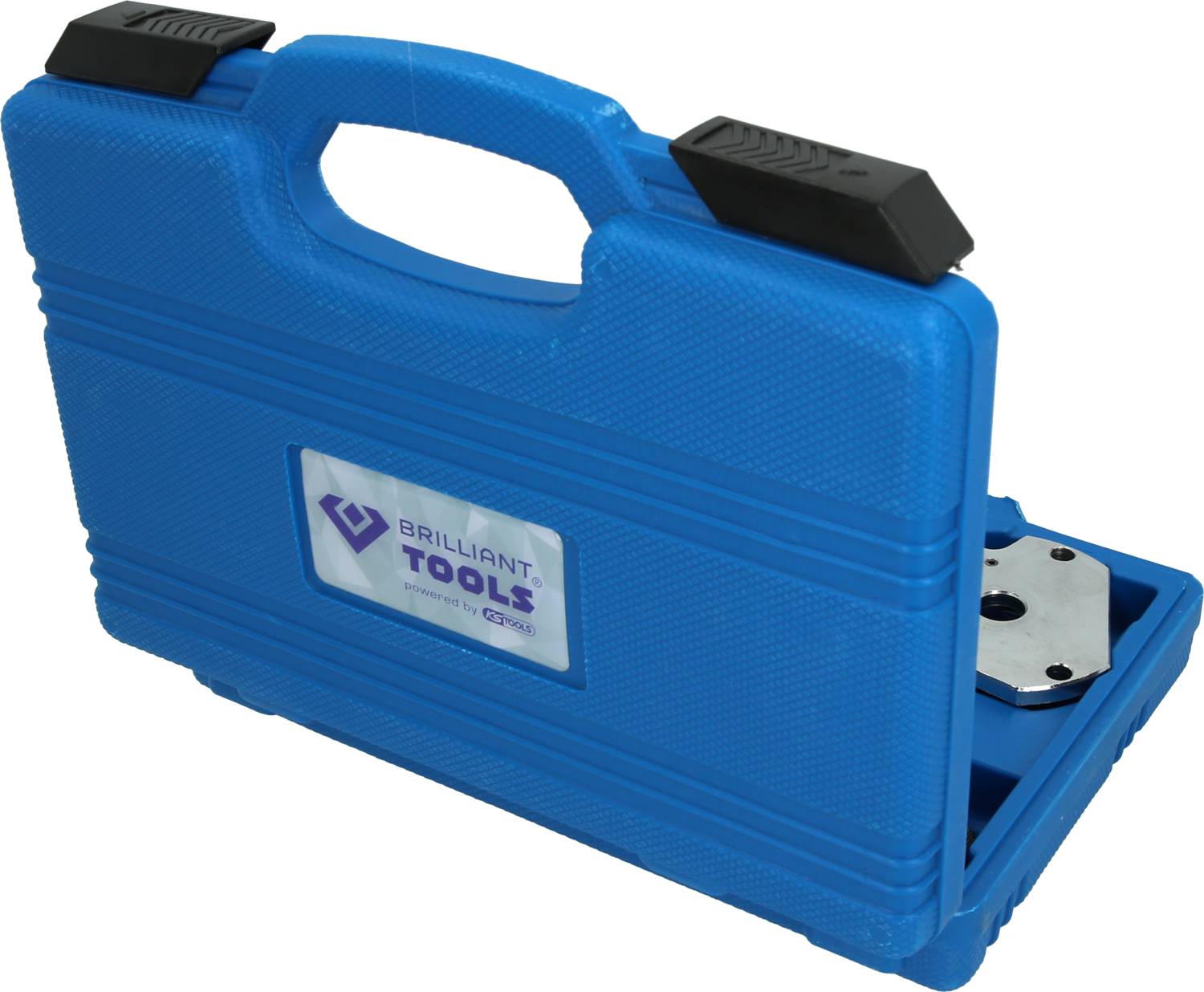 Blue plastic case with a black handle, open with a metal tool visible. Sticker with the inscription 'Brilliant Tools'.
