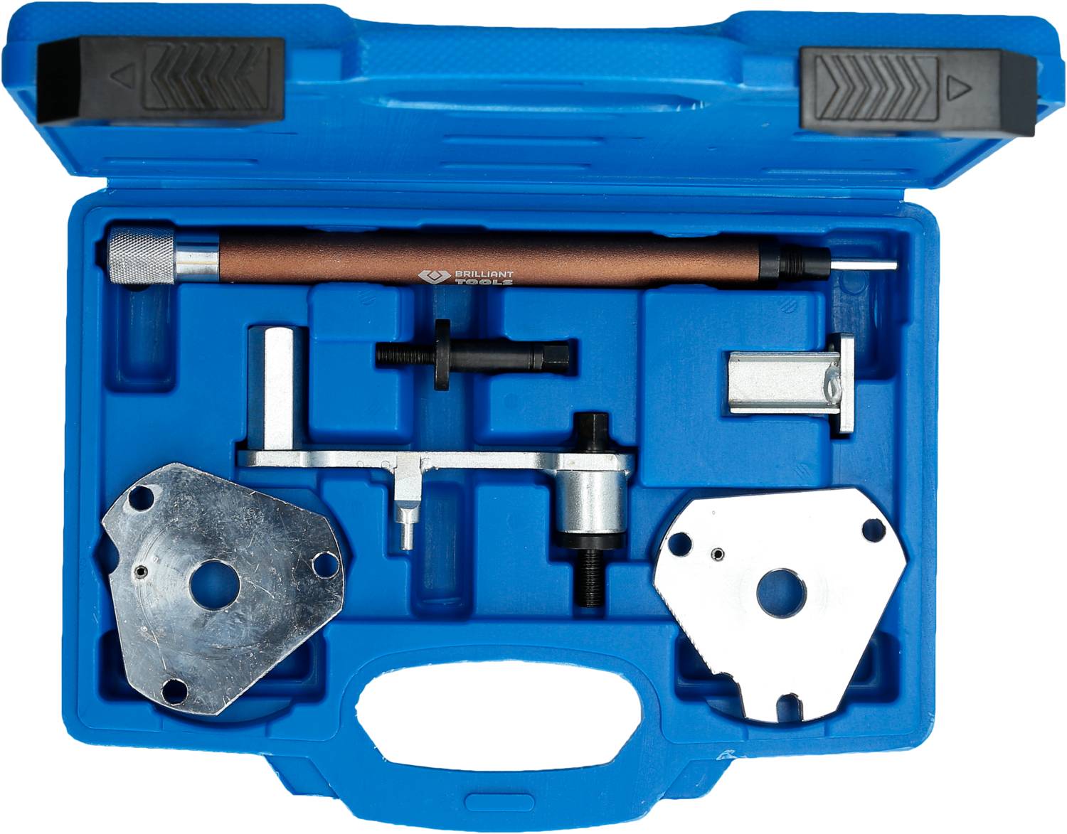 An open blue toolbox with various specialised tools for motor repair, including an adjustment tool.