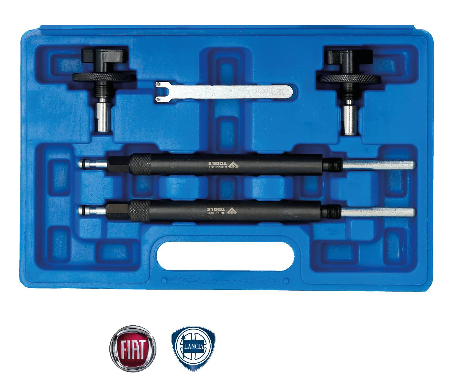 A blue tool kit with two clamps, two rods and a small spanner. Suitable for FIAT and Lancia.