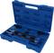 A blue toolbox containing various mechanical tools, including levers and rods, neatly arranged in compartments.