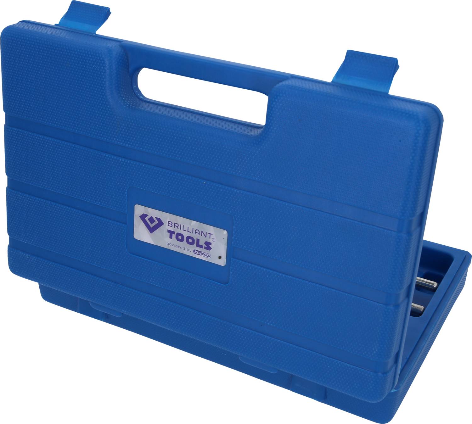 A blue tool case with handles and a label reading 'Brilliant Tools'. The case is sealed and closed.
