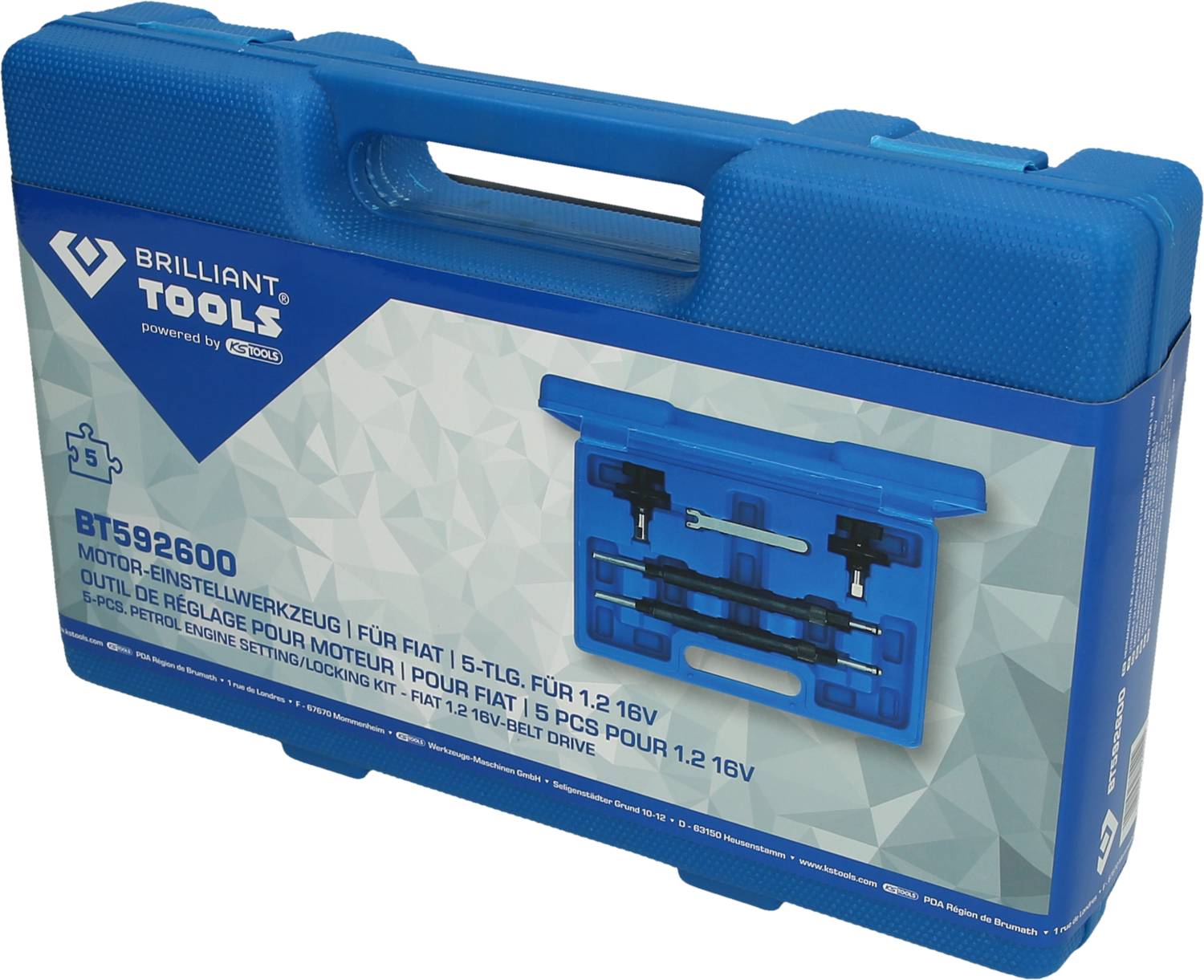 Blue plastic case with the inscription 'Brilliant Tools'. Contains a 5-piece engine setting tool set for Fiat.