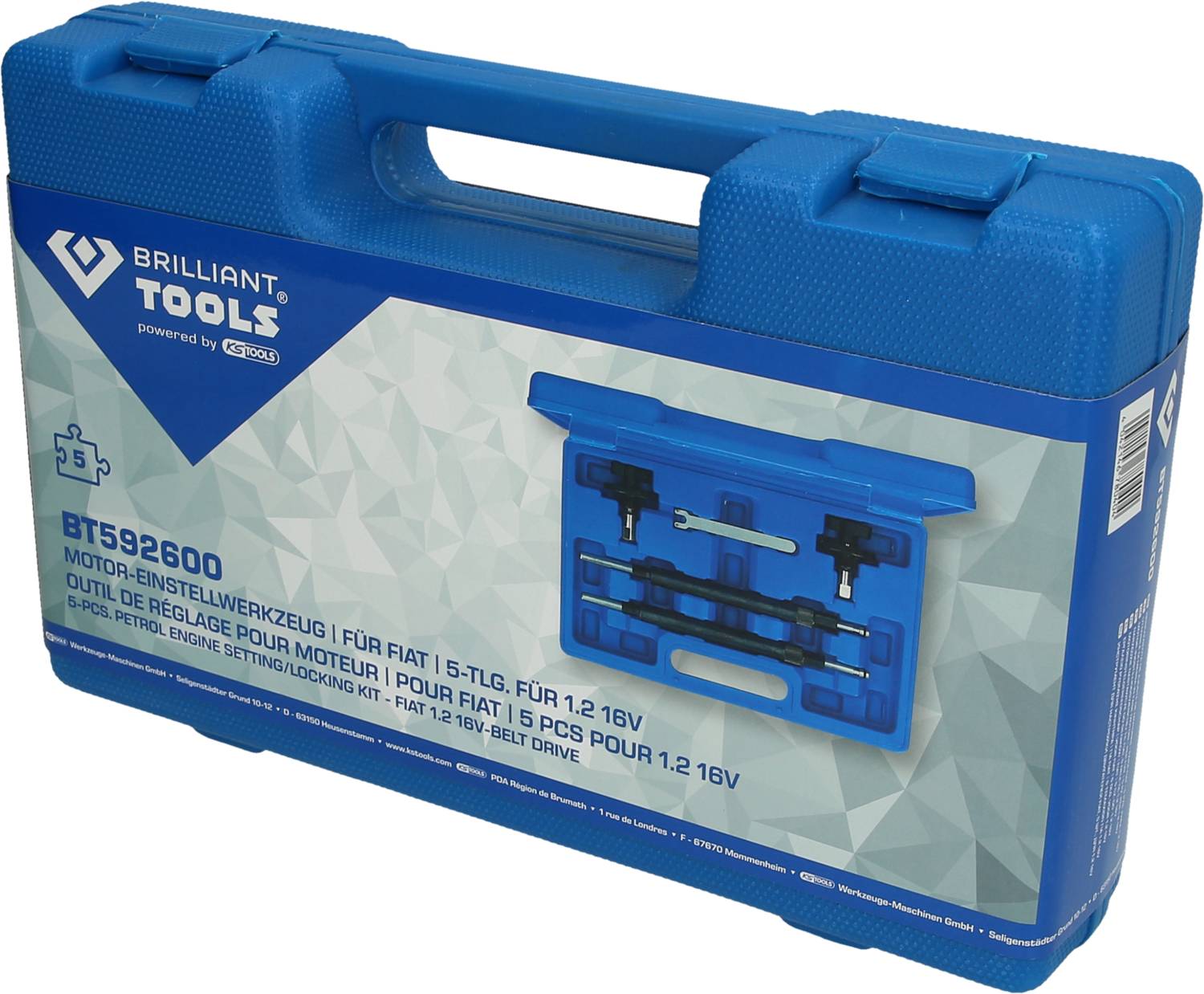 A blue suitcase with the inscription 'Brilliant Tools'. Contains a 5-piece engine setting tool set for Fiat vehicles.