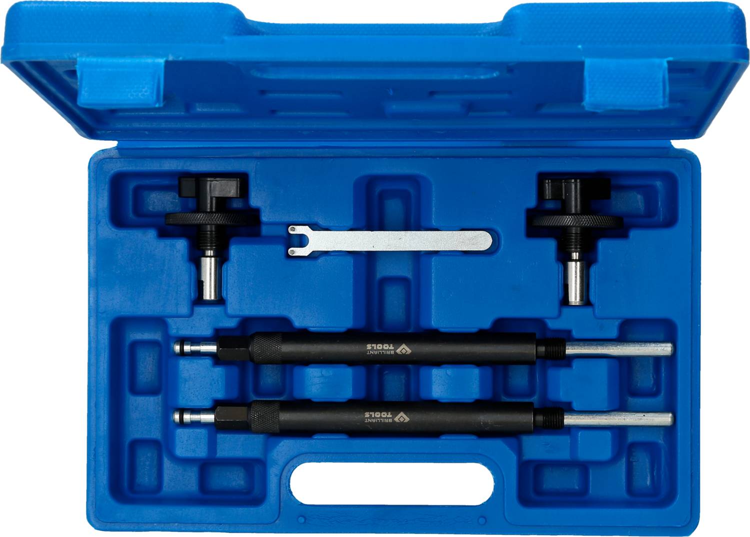 Blue toolbox with two tools, a screw nut and a small spanner. Packaged for secure storage.