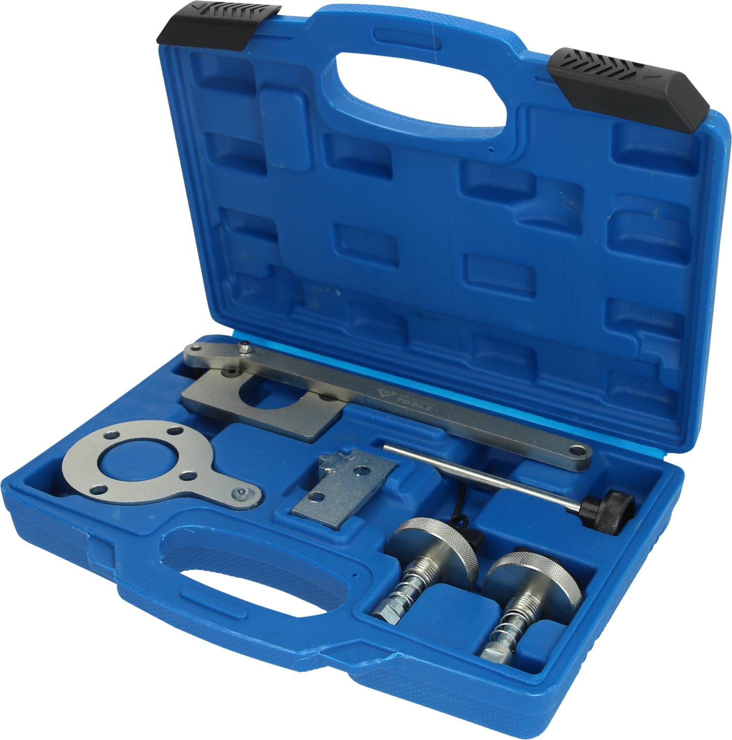 A blue toolbox with various metal tools, including a spanner and cylindrical parts, open for viewing.