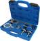 A blue toolbox with various metal tools, including a spanner and cylindrical parts, open for viewing.