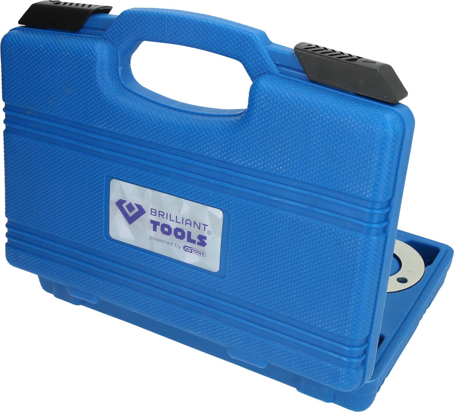 Blue hard-shell suitcase with 'Brilliant Tools' logo, slightly open, revealing interior.