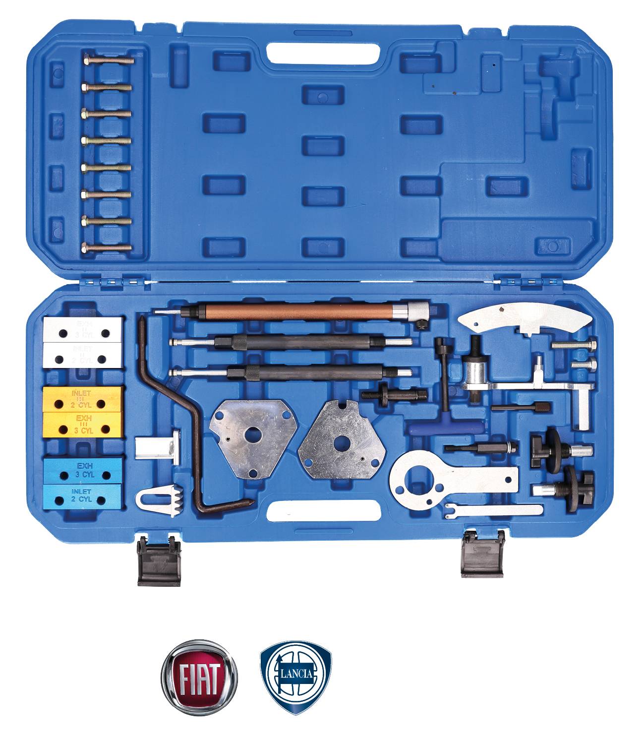 'Blue tool case with various specialist automotive tools for Fiat and Lancia. Contains socket wrenches, screwdrivers and adapters.'