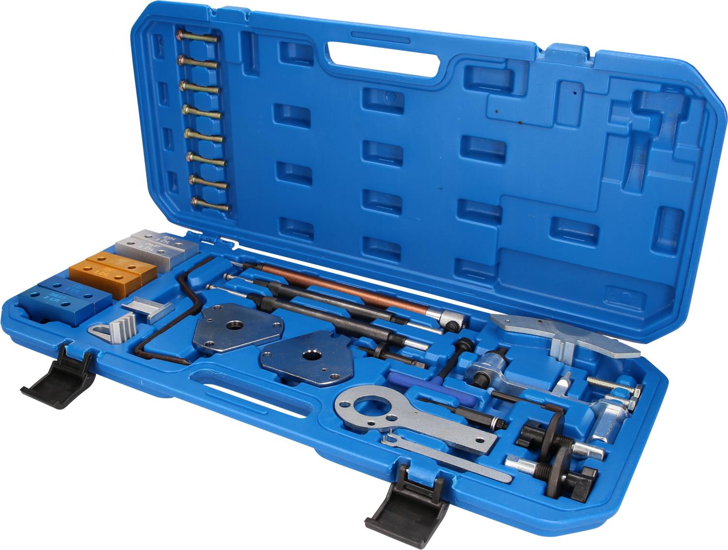 A blue toolbox with an open lid reveals a comprehensive tool set, consisting of various spanners and specialised parts.
