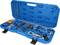 A blue toolbox with an open lid reveals a comprehensive tool set, consisting of various spanners and specialised parts.