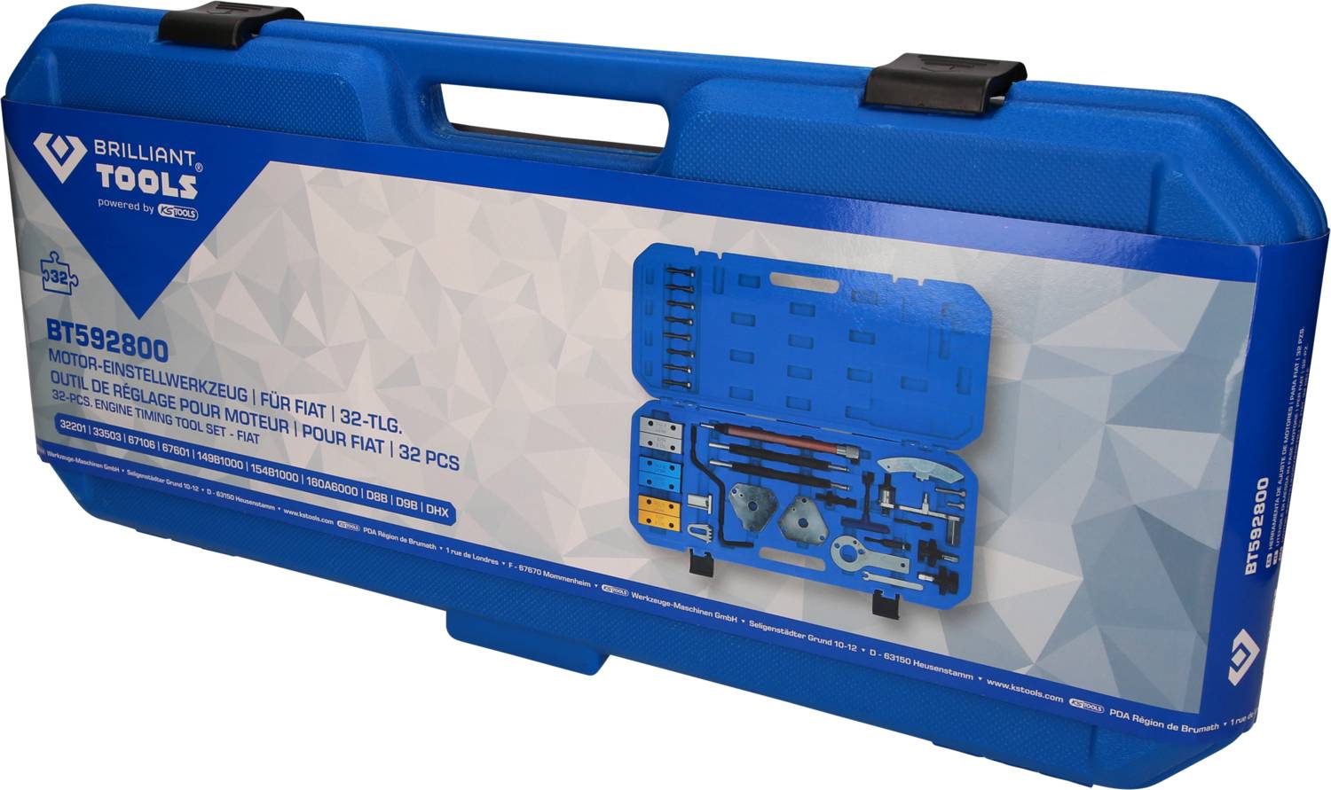 'Brilliant Tools' Tool Case, blue, with internal view of a Motor Maintenance Tool Set, 32 pieces.
