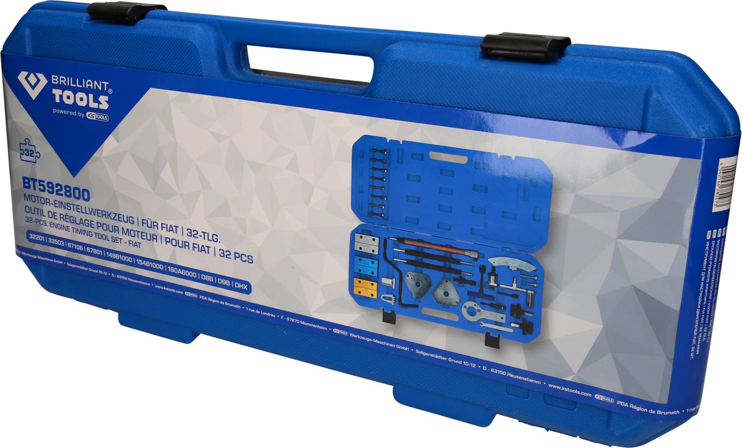 Blue tool case with the text 'BT159200 Engine Setting Tool for Fiat 132-piece'. Shows organised tools inside.