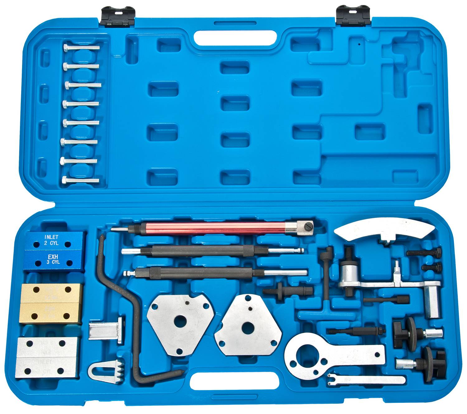 A blue toolbox with various metal parts and tools, neatly arranged.