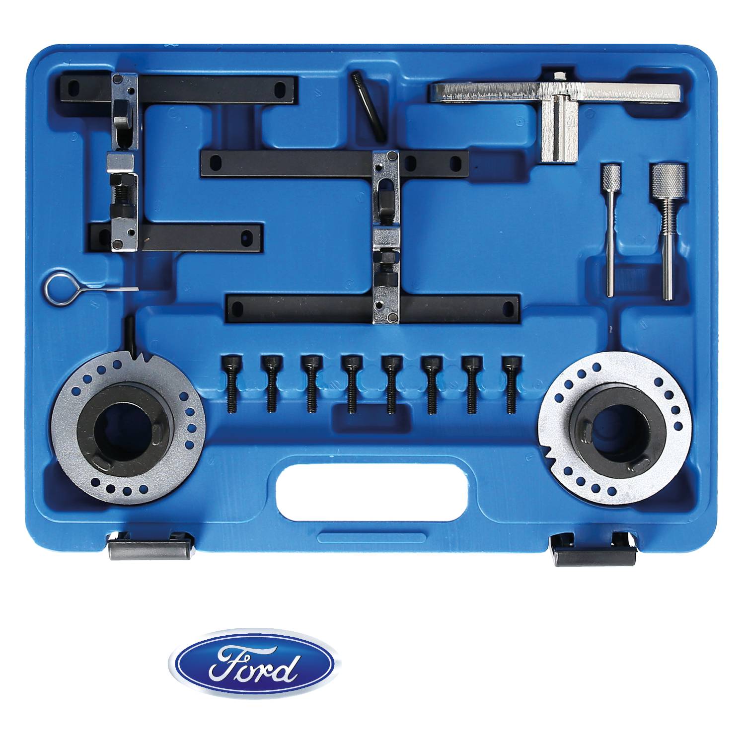A blue tool set with various metal parts and tools, including rings and rods, arranged in a plastic case. The Ford logo is visible underneath.