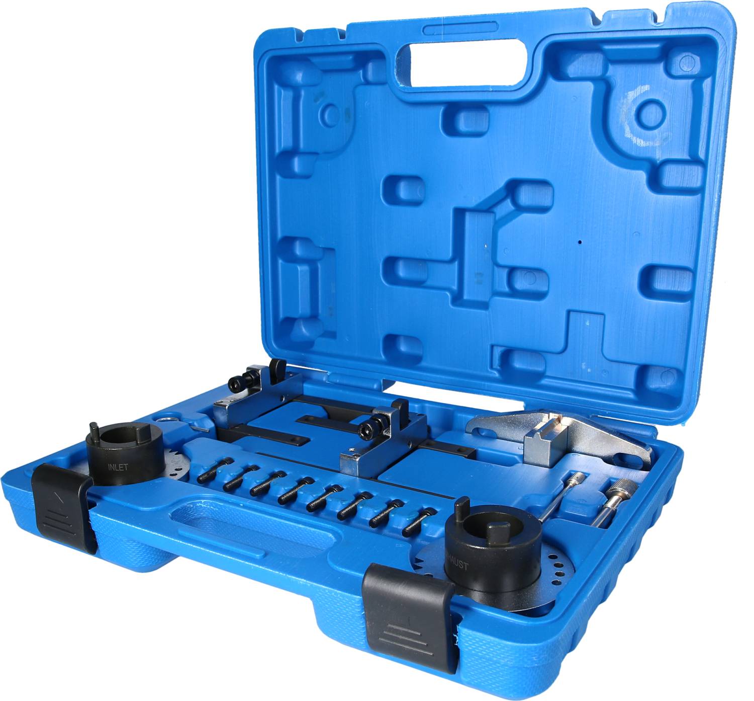 Blue plastic toolcase with an organised tool set, including screwdrivers and attachments. The case is open and displaying its contents.