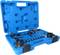 Blue plastic toolbox with tools, including spanners and brackets, for repairing or maintaining machinery.