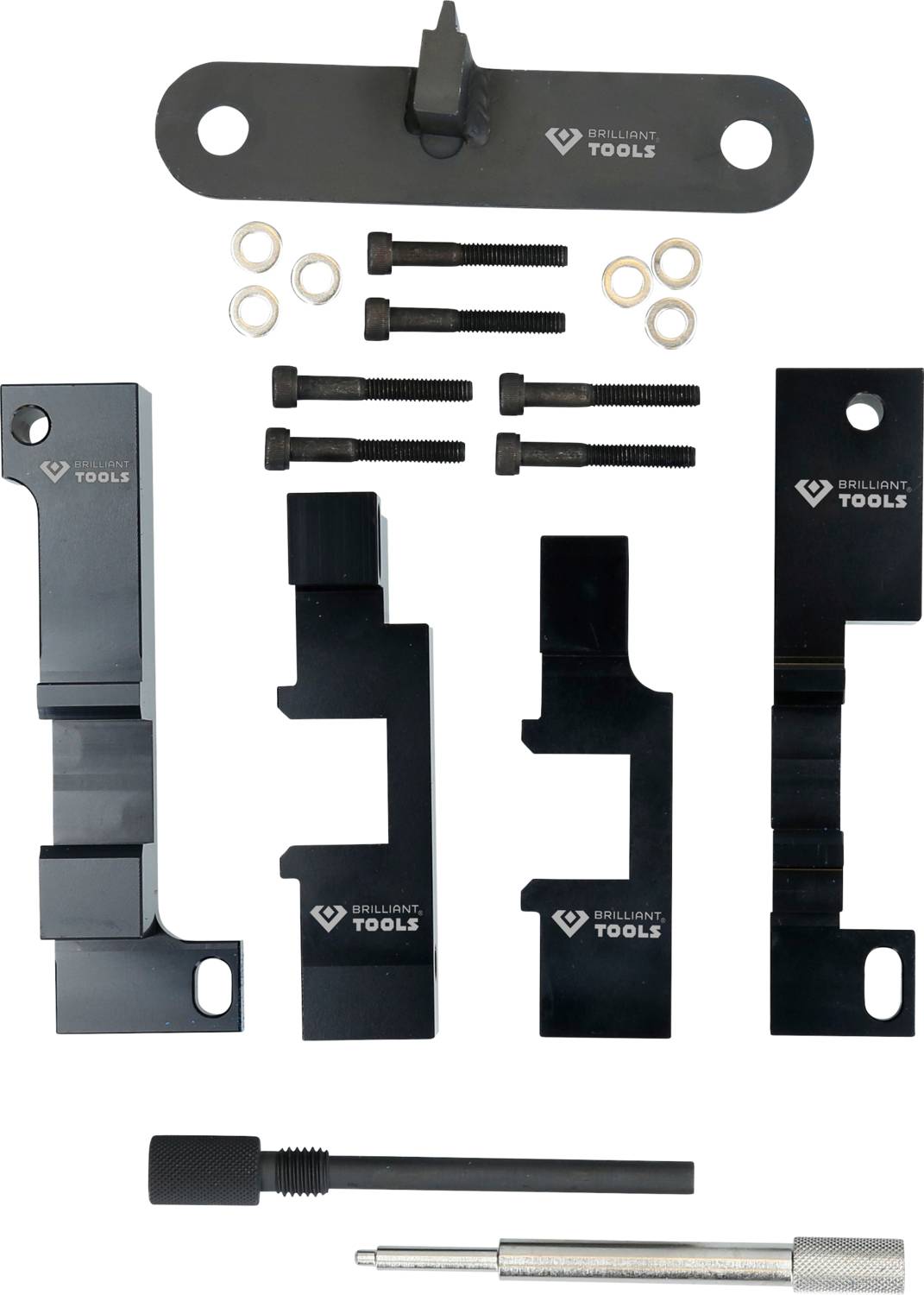 A set of mechanical tools, including brackets and screws, for engine repair or adjustment, on a white background.