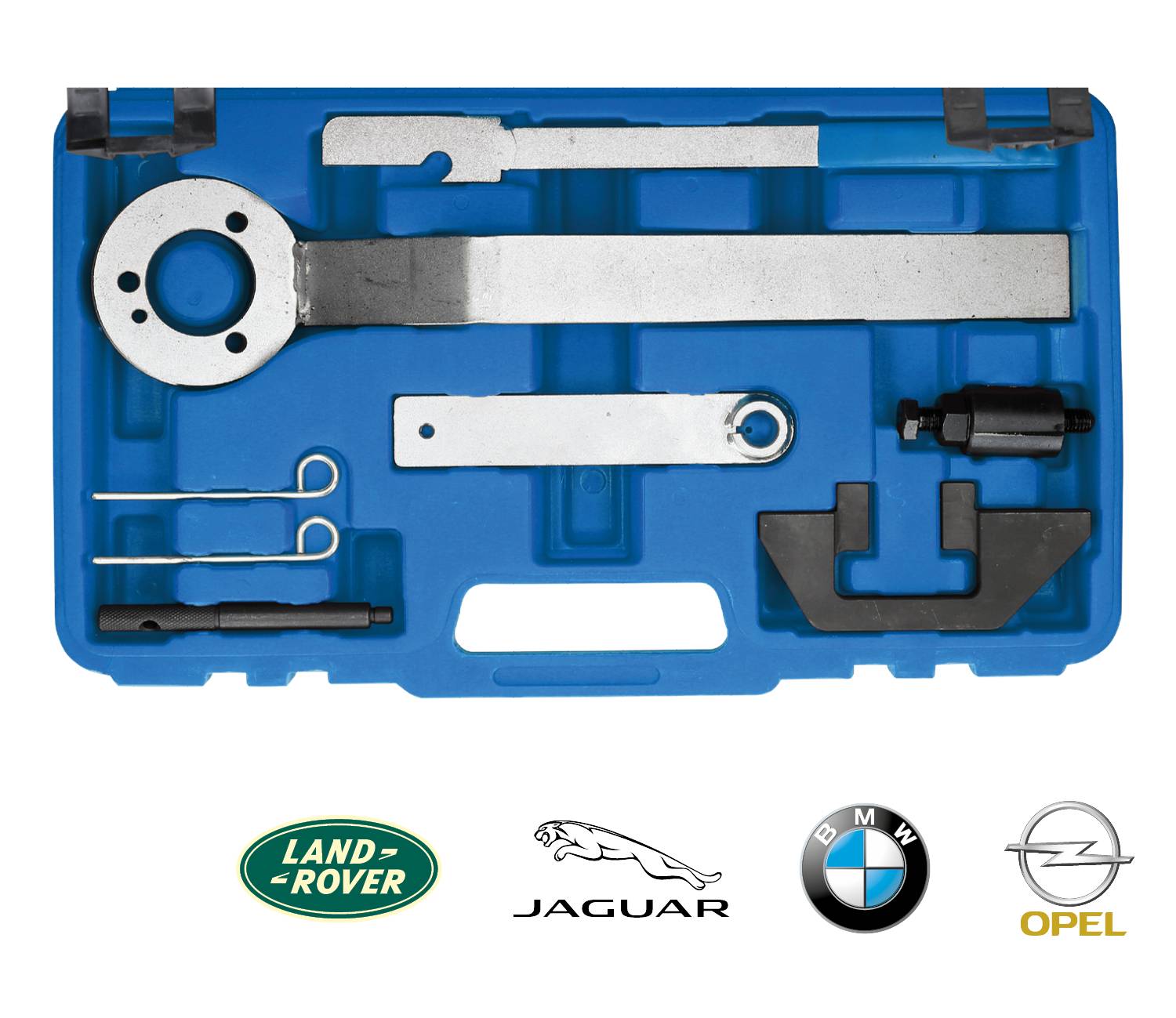 A blue toolbox with specialised tools for engine adjustment. Brand logos underneath: Land Rover, Jaguar, BMW, Opel.