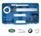 A blue toolbox with specialised tools for engine adjustment. Brand logos underneath: Land Rover, Jaguar, BMW, Opel.
