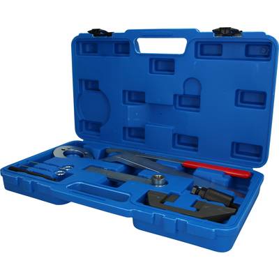 Blue tool case opened, displaying various automotive tools, including spanners and pliers, neatly stored in compartments.